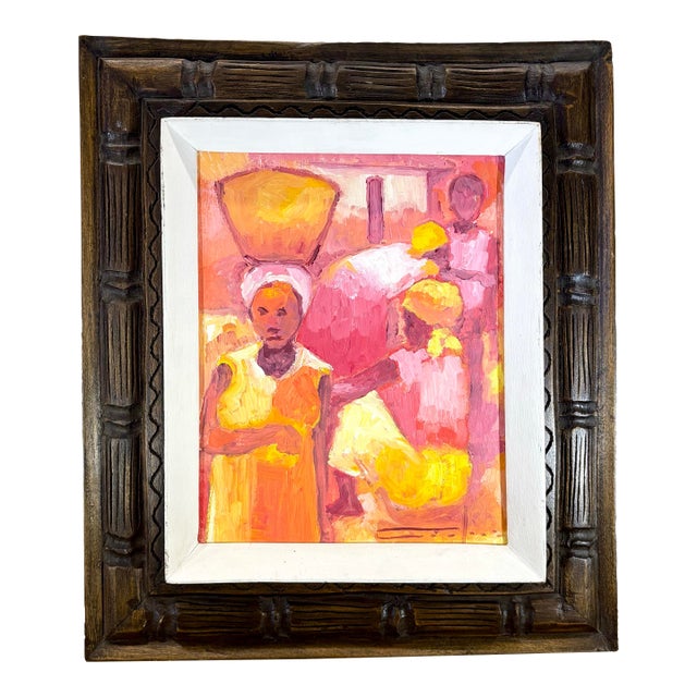 Vintage Dieudonné Cedor Signed Haitian Oil Painting, Figural Market Scene For Sale