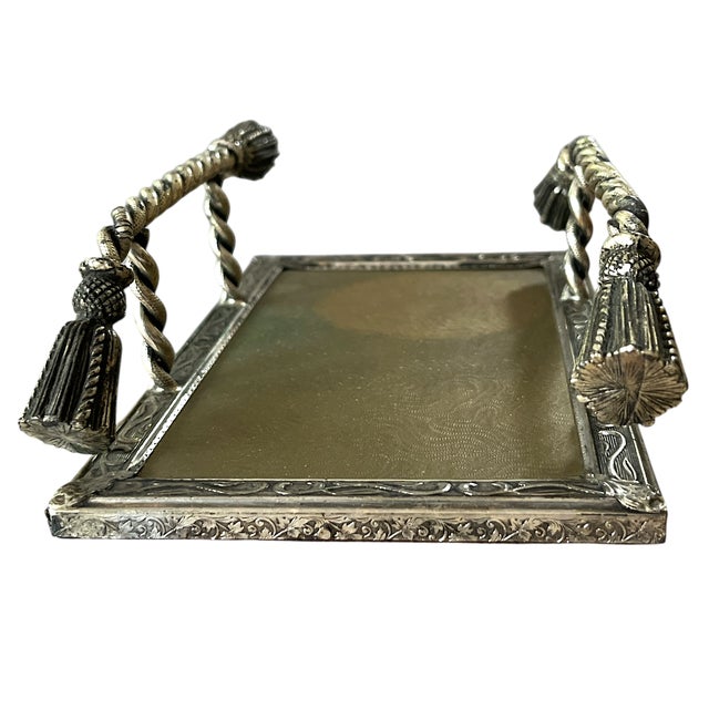 Hollywood Regency Vintage Silverplate Tassel-Handle Vanity / Towel Tray – Twisted Rope & Guilloché Base For Sale - Image 3 of 7