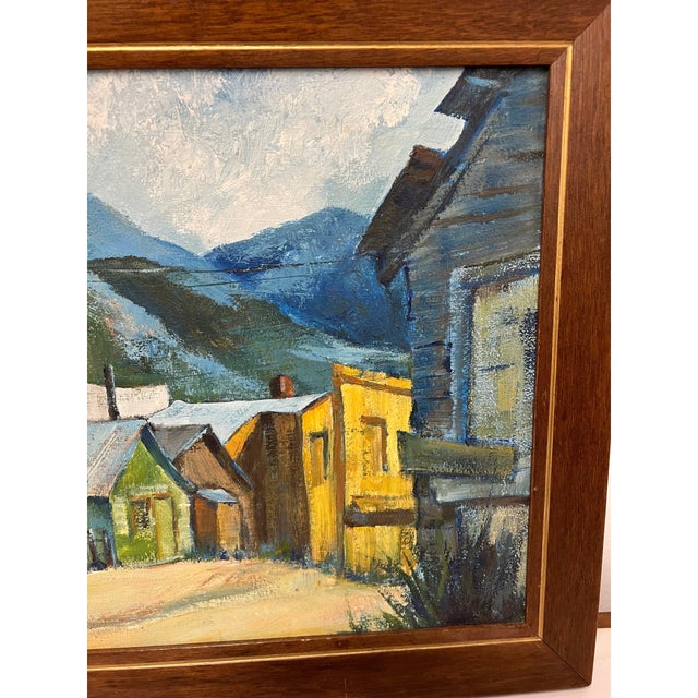 Wood Vintage Framed Mountain Town Landscape Painting, Rustic Village Scene With Alpine Peaks For Sale - Image 7 of 8