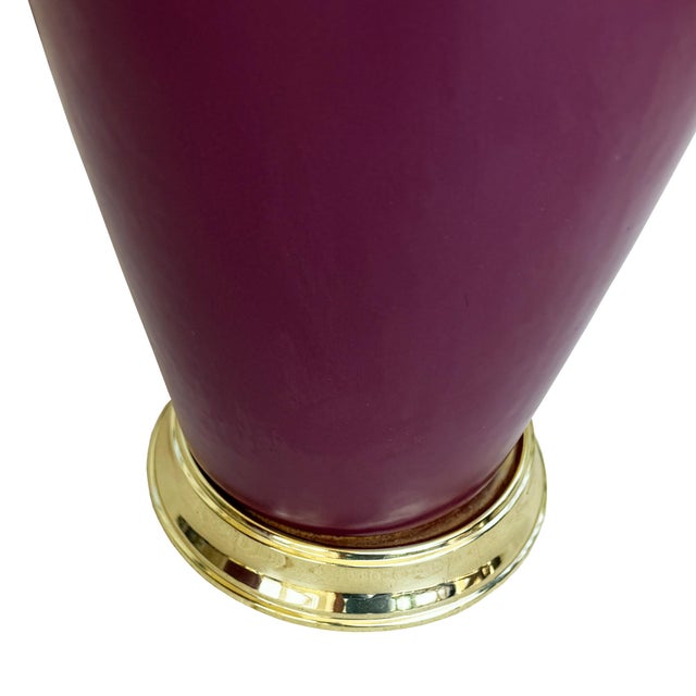 1970s Vintage Sang De Boeuf Oxblood Glazed Ceramic and Brass Table Lamps With Shades - a Pair For Sale - Image 5 of 10