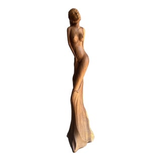 1980s Wood Carved Sculpture of Nude Woman For Sale