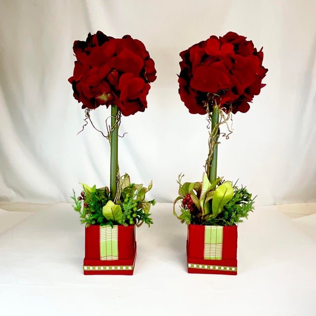 Art Nouveau Hollywood Regency Christmas Red Hydrangeas Topiary - A Pair For Sale - Image 11 of 11