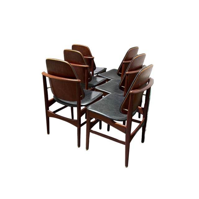 1960s Set of Six Danish Mid Century Modern Dining Chairs Att. To Arne Hovmand Olsen With Black Leather For Sale - Image 5 of 9