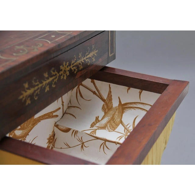 Early 19th Century rosewood and brass inlaid work table, wonderful brass inlaid top with various decorative patterns,...