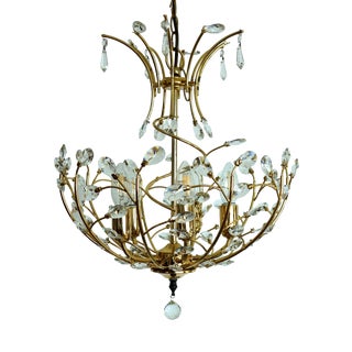 Brass and Lead Crystal 5-Light Chandelier, 1970s For Sale