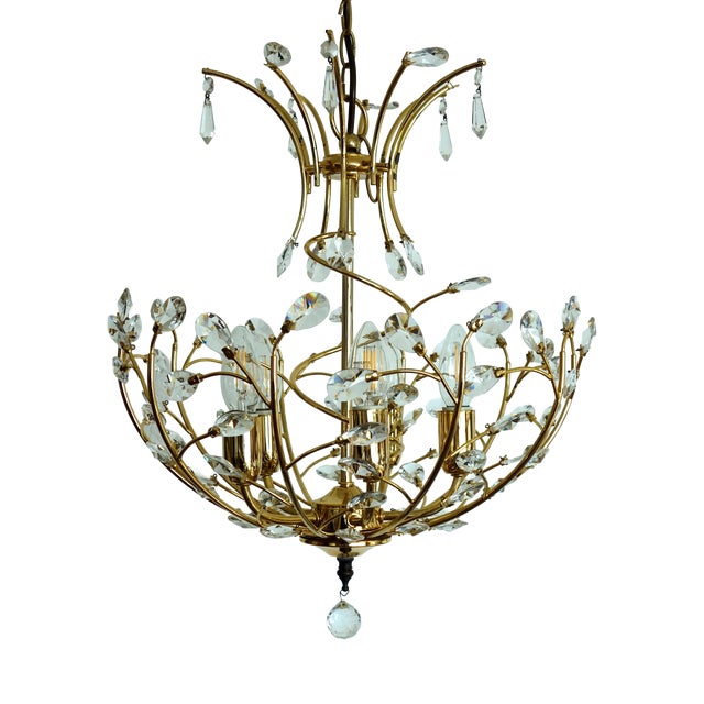 Brass and Lead Crystal 5-Light Chandelier, 1970s For Sale
