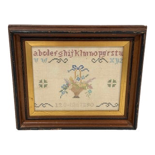 Antique Mid-20th Century Finished Cross Stitch Alphabet Sampler Framed 14 X 12 For Sale
