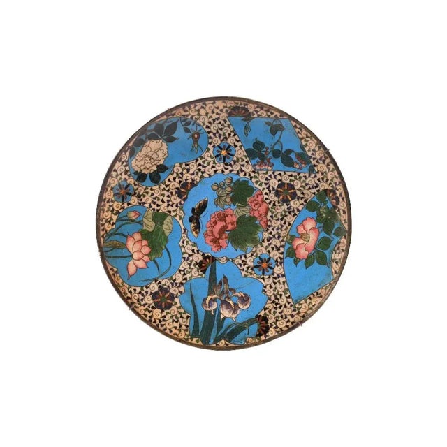 Late 19th Century Antique Meiji Japanese Cloisonne Enamel Charger Plate Blossoming Flowers Butterflies For Sale - Image 5 of 5