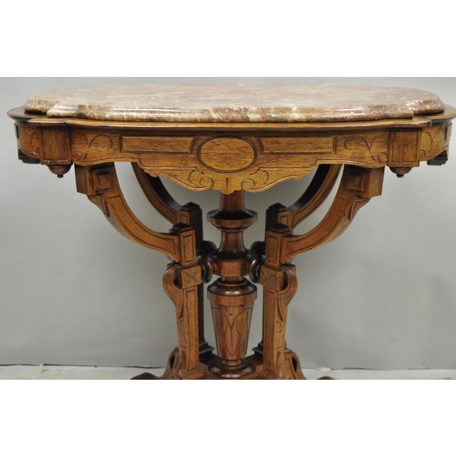 Antique Eastlake Victorian Carved Walnut Marble Top Parlor Lamp Side Table For Sale - Image 4 of 14