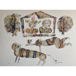 Sakti Burman, Contemporary Indian Art Master Lithograph in Color Abstract Figures with Cat, c.1960's For Sale