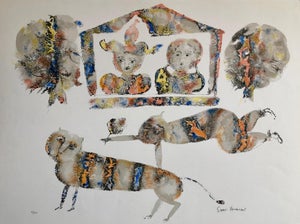 Sakti Burman, Contemporary Indian Art Master Lithograph in Color Abstract Figures with Cat, c.1960's
