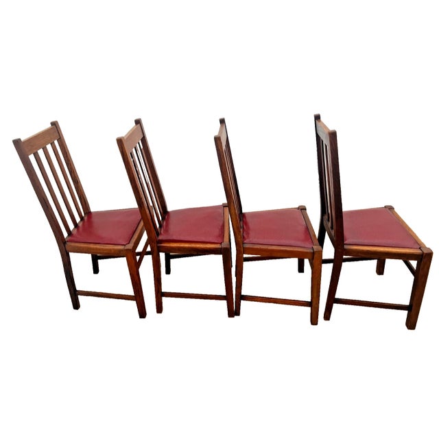 Antique Craftsman Chairs Set of Four, Spindle Back Solid Oak, Maroon Vinyl Seats For Sale - Image 4 of 10