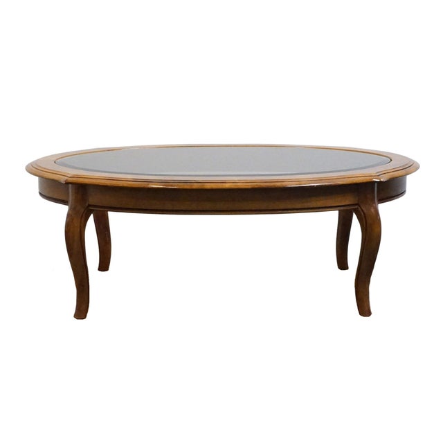 Late 20th Century Ethan Allen Country French Collection Solid Birch 48" Accent Oval Coffee Table W. Amber Glass Top 26-8301 For Sale - Image 5 of 10