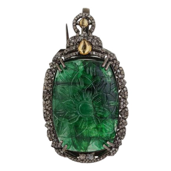 Handcrafted Carved 20.85 Ct Emerald Brooch Pendant With Diamond Accents For Sale