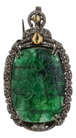 Handcrafted Carved 20.85 Ct Emerald Brooch Pendant With Diamond Accents