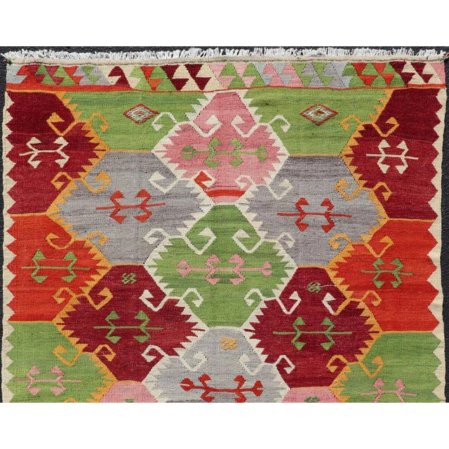 Mid 20th Century Vintage Turkish Kilim With Bright & Colorful Geometric Diamond Design For Sale In Atlanta - Image 6 of 12