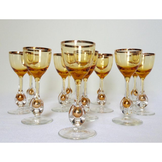 1960s Italian Handblown Amber & Gilt Gold Crystal Cordial Glasses Set