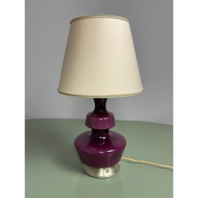 Mid-Century Purple Opaline Glass Table Lamp with Cream Lampshade from Glasfabriek De Rupel, Belgium, 1960s For Sale - Image 4 of 14