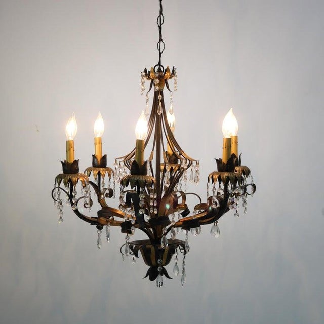 Vintage Ebonized & Gold Gilt Six-Light Foliate Form Crystal Chandelier C1940 Measures- 49.5"H x 25.5"W x 25.5"D; 24" drop