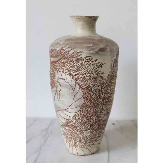 Mid 20th Century Vintage Studio Pottery Vase Featuring an Incised Dragon Motif For Sale - Image 5 of 10
