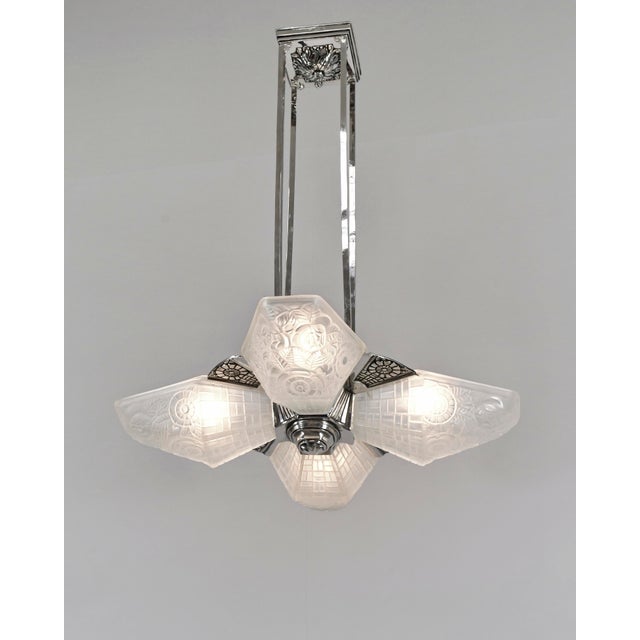 Art Deco Degue & Hubens French Art Deco Chandelier 1930s - Nickeled Bronze & Frosted Slip Shades For Sale - Image 3 of 18
