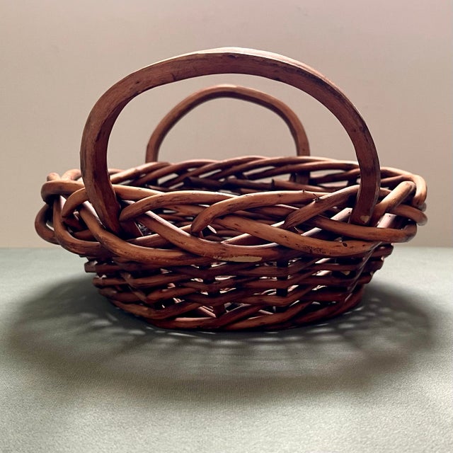 Contemporary Vintage Natural Wicker Handled Basket For Sale - Image 3 of 8