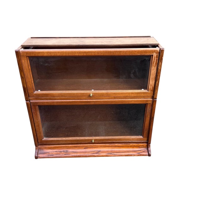 Wood Late 20th Century Oak Barrister Leaded Top 5 Stack Bookcase For Sale - Image 7 of 17