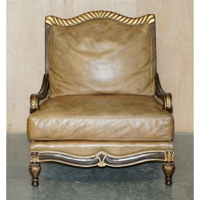 Set of Large Vintage Italian Brown Leather & Giltwood Throne Armchair & Footstool For Sale - Image 3 of 18