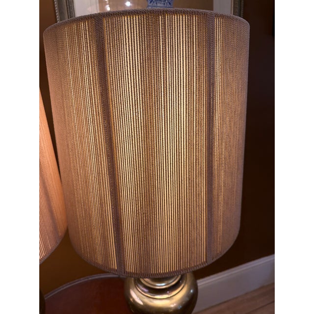 Pair Vintage Stiffel Brass Oil Lamp Style W/ Milk Glass Hollywood Regency Table Lamps W/ Additional Original Shades For Sale - Image 13 of 15