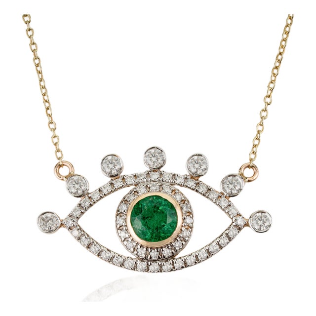 Round Emerald Diamond Green Evil Eye Pendant Necklace in 14k Yellow Gold- 18 Inches For Sale