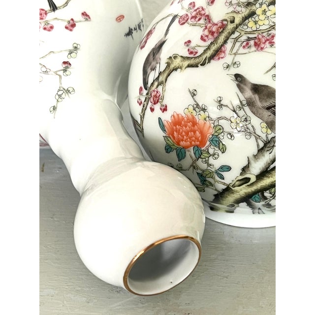 Famille Rose Chinese Fine White Porcelain Garlic Head Vases With Birds & Cherry Blossoms, a Pair For Sale - Image 12 of 14