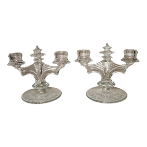 Vintage Pair of Art Deco Etched Crystal Candlestick Holders Candelabras Glass