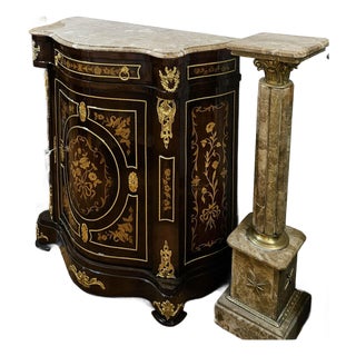 The Gilded Botanica – French-Inspired Accent Cabinet With Floral Marquetry, Sculpted Marble Top & Ornate Bronze Mounts For Sale