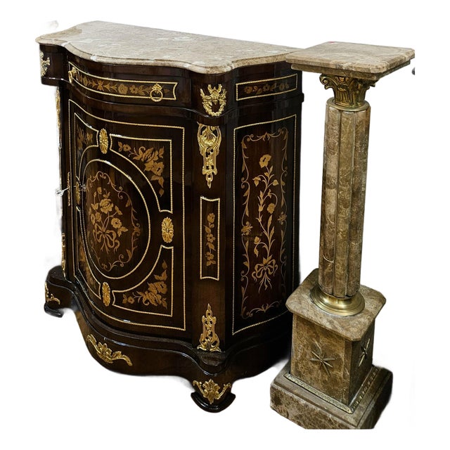 The Gilded Botanica – French-Inspired Accent Cabinet With Floral Marquetry, Sculpted Marble Top & Ornate Bronze Mounts For Sale