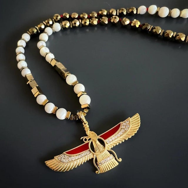Early 21st Century Spiritual Guidance Faravahar Pendant White Beaded Necklace For Sale - Image 5 of 7