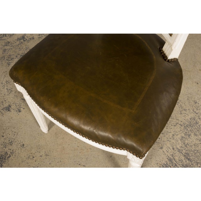 Antique French Louis XVI Style Painted Chairs With Olive Green Leather - A Pair For Sale - Image 9 of 18