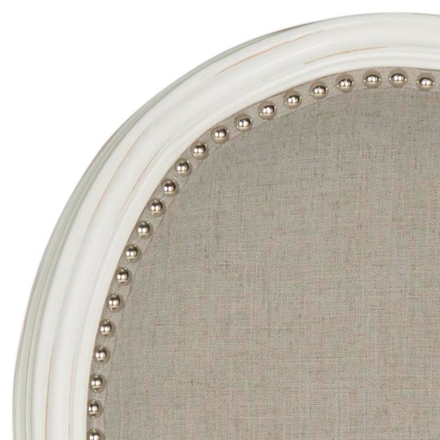 Wood French Brasserie Linen Oval 19''H Side Chair With Silver Nailheads in Light Grey & Cream - a Pair For Sale - Image 7 of 7