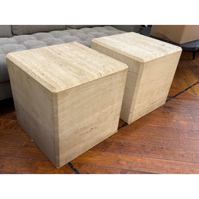 Italian Italian Vintage Travertine Cube Side Tables, Pair For Sale - Image 3 of 12