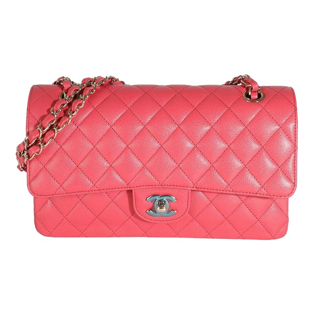 Dark Pink Quilted Caviar Medium Classic Double Flap Bag For Sale