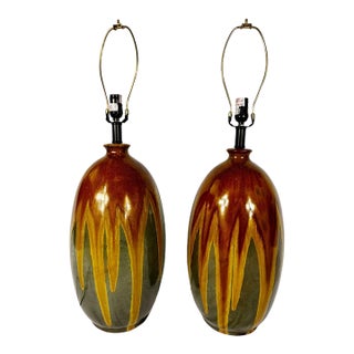1960s Tall Ceramic Drip Glaze Midcentury Table Lamps - a Pair For Sale