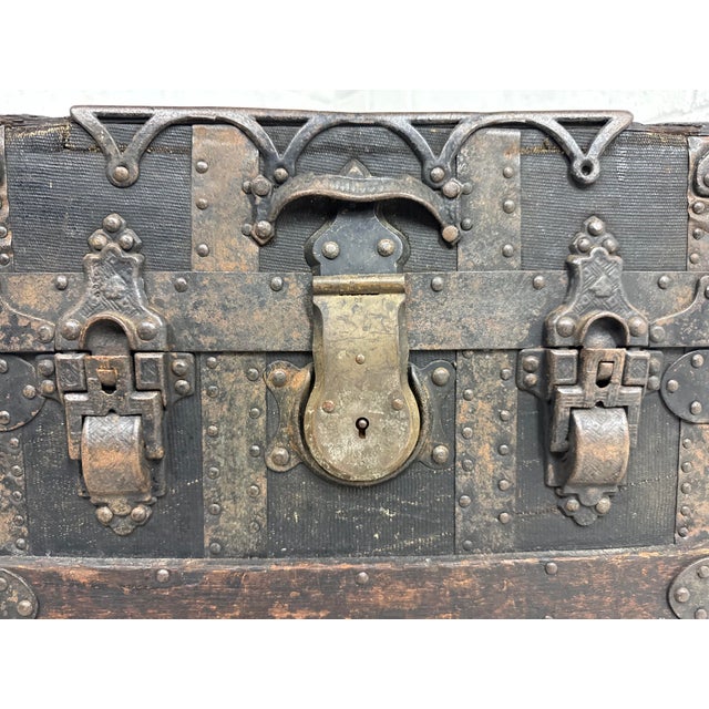 Rare Antique Miniature 19th Century Handmade Wood Iron Taylor Steamer Trunk For Sale - Image 13 of 17