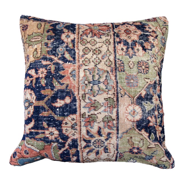 Handwoven Navy Blue& Green Tone Rug Pillow Case -20'' X 20'' For Sale