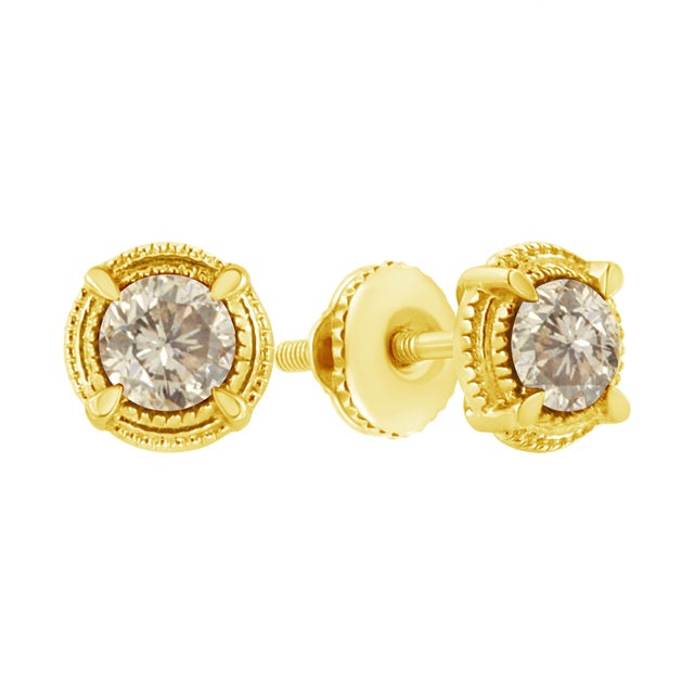 Early 21st Century 14K Yellow Gold Plated .925 Sterling Silver 1/3 Cttw Round Brilliant Cut Diamond Solitaire Milgrain Stud Earrings (K-L Color, I2-I3 Clarity) For Sale - Image 5 of 7