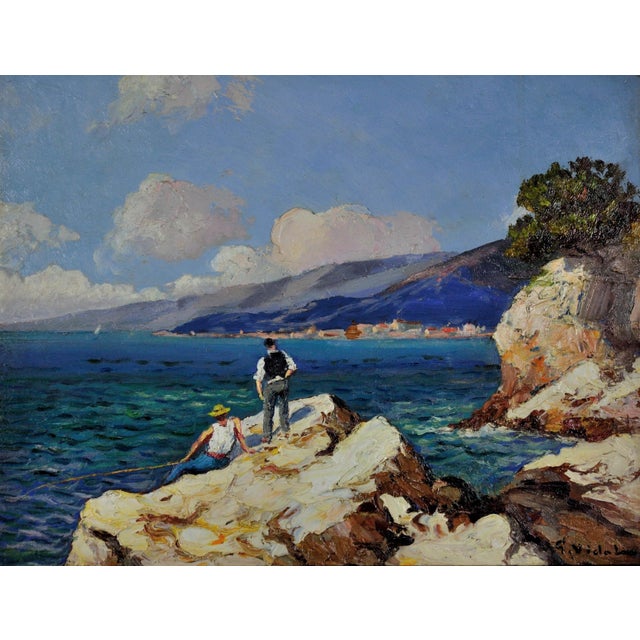 Gustave Vidal. French ( b.1895 - d.1966 ). Pêcheurs Sur Les Rochers. Bord De Mer En Côte d'Azur. Oil On Panel. Signed...
