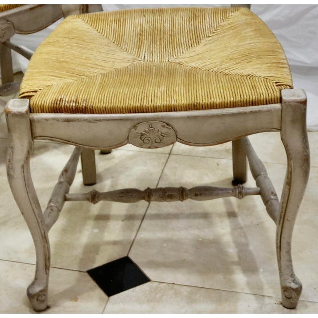 Late 20th Century Country French Hand Carved Dining Chairs With Rush Seats For Sale - Image 4 of 6