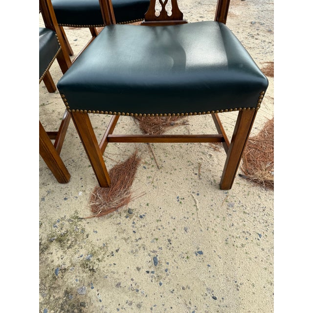 English Mid 20th Century Chippendale Leather Seat Arm Chairs Set of 4 For Sale - Image 3 of 12
