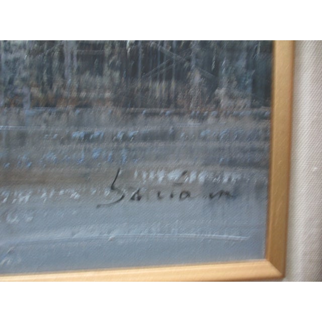 Wood Vintage Sunset Seascape on Canvas of Fishing Village With Boats & Seagulls, Framed For Sale - Image 7 of 9