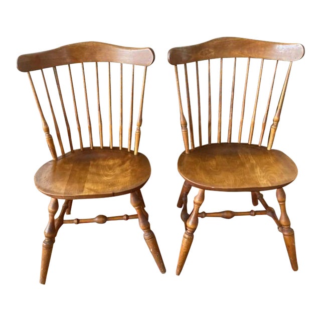 1970s Nichols & Stone Solid Maple Spindle Back Side Chairs a Pair