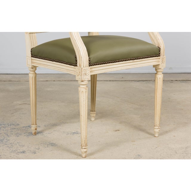 Antique French Louis XVI Style Painted Dining Chairs in Olive Green Leather - Set of 8 For Sale - Image 18 of 18