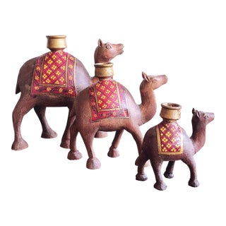 Vintage Wooden Camel Candle Holders — Set of 3 For Sale